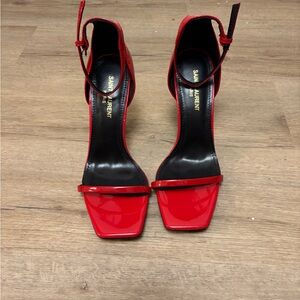 Saint Laurent Red Patent Square-Toe Ankle-Strap Heels